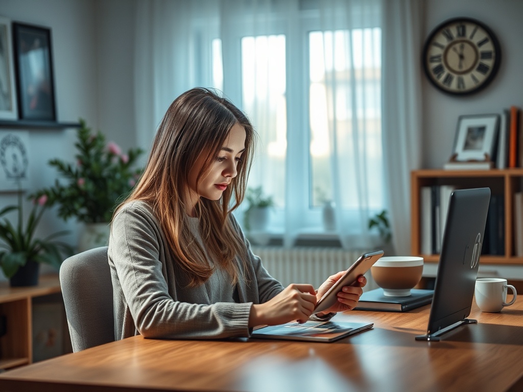 Молодая женщина в уютном офисе сидит за столом и пользуется планшетом. Окно с светом и растениями сзади.