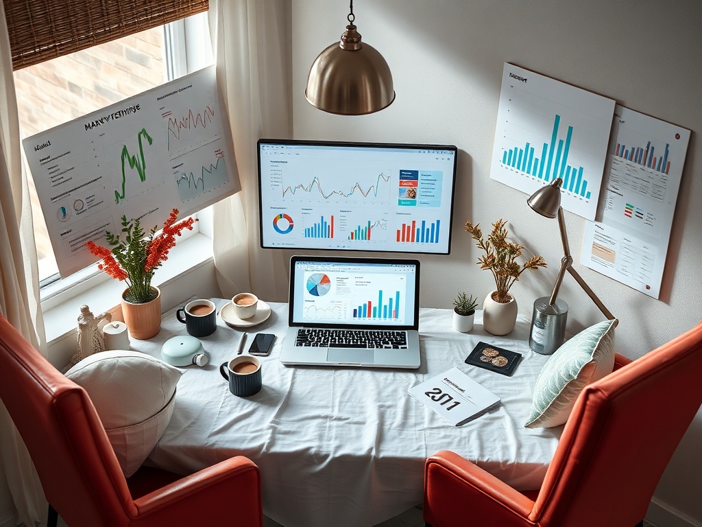 Рабочее место с двумя компьютерами, графиками, чашками кофе и растениями на столе. Уютная атмосфера.