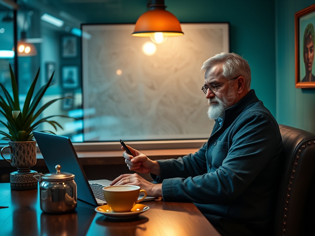 Пожилой мужчина работает за компьютером, держит телефон, на столе чашка и чайник, уютная атмосфера.