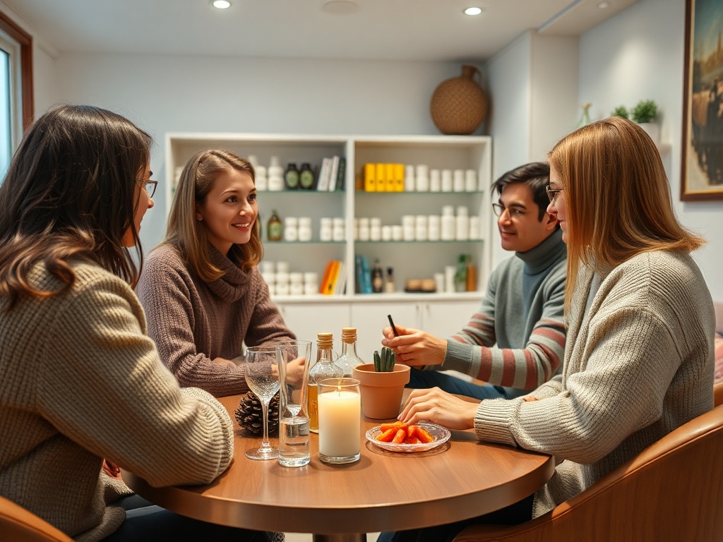 Четыре человека сидят за столом, общаются и наслаждаются закусками в уютном помещении.