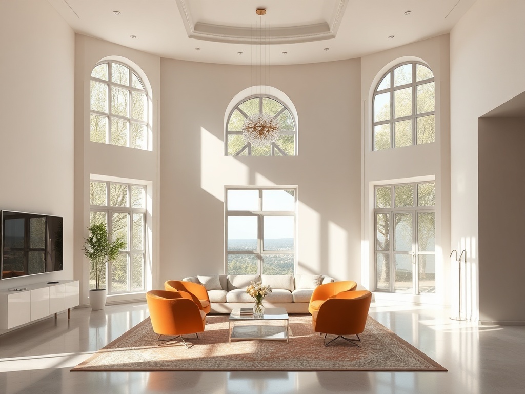 Современная гостиная с большими окнами и стильной мебелью оранжевого цвета, наполнена светом и уютом.