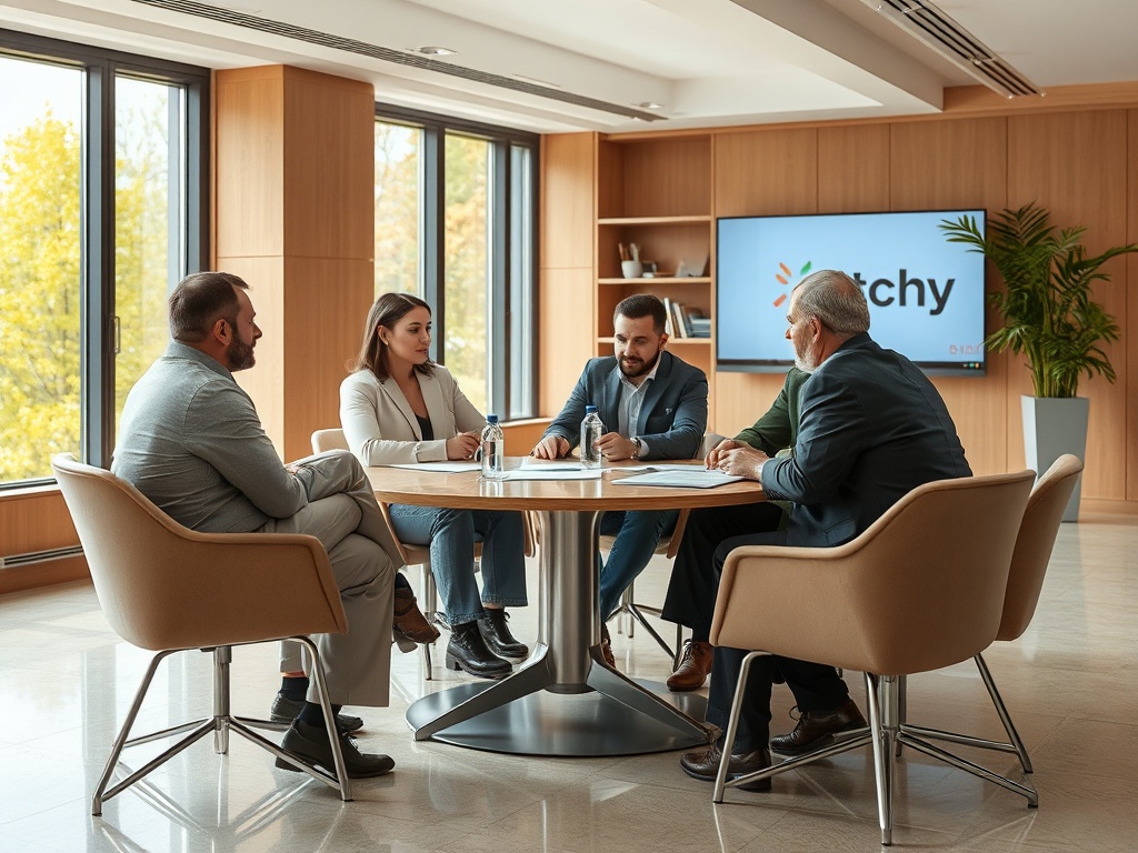 Четыре человека в офисе на деловой встрече за круглым столом, обсуждают проекты и идеи.