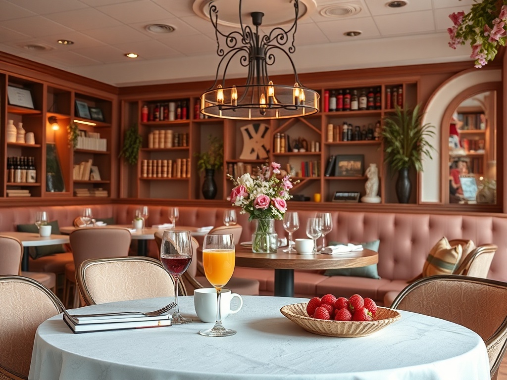 Элегантный ресторан с цветами на столе, напитками и свежими ягодами на белоснежной скатерти.