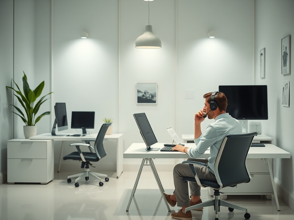 Мужчина в офисе с наушниками, работающий за столом с компьютером и бумагами. Вокруг современные интерьеры.