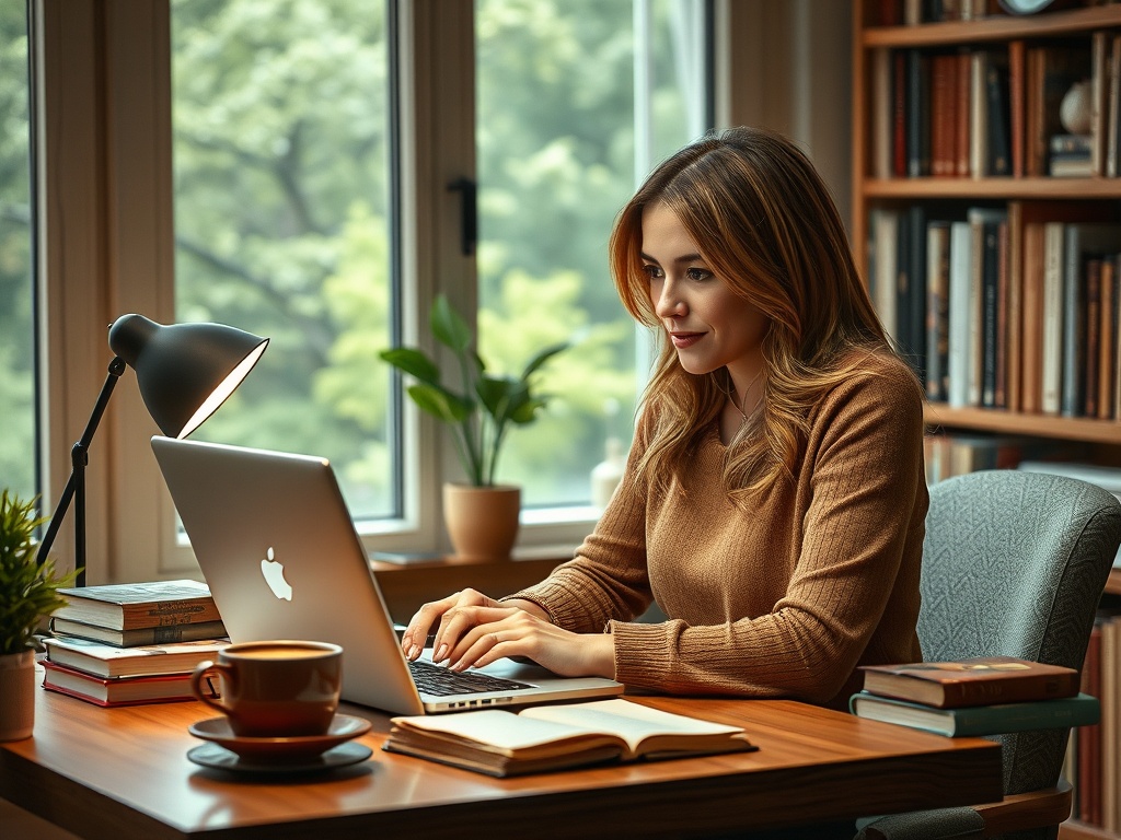 На изображении женщина работает за столом с ноутбуком, окруженная книгами и уютной атмосферой.