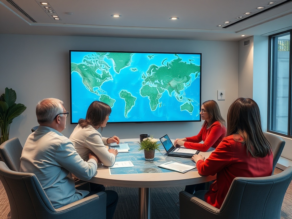 Четыре человека в современном офисе обсуждают стратегию, на экране карта мира.