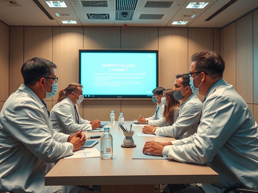 Группа специалистов в медицинской одежде на совещании, обсуждающих маркетинговую стратегию.