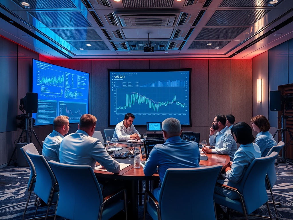 В современном офисе группа людей обсуждает данные на экране, освещённом мягким светом.