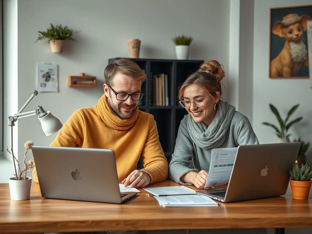 Два человека за столом обсуждают документы и работают на ноутбуках в уютном офисе.
