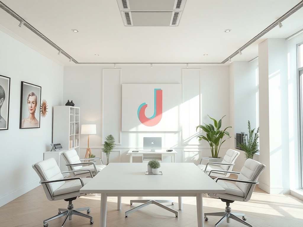 Современный офис с белыми стульями, растениями и логотипом на стене. Яркий и уютный интерьер.