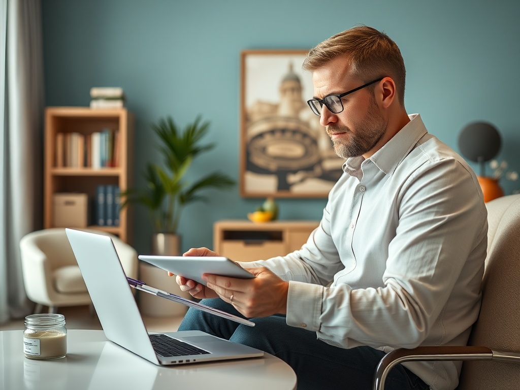 Человек в очках работает на ноутбуке и планшете в уютном офисе с растениями и книгами.