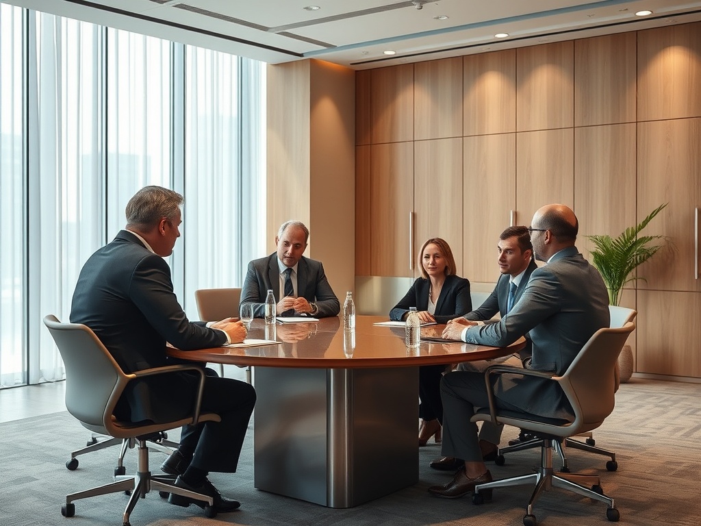 На встрече в офисе пять человек обсуждают важные вопросы за круглым столом. Светлое помещение с окнами.