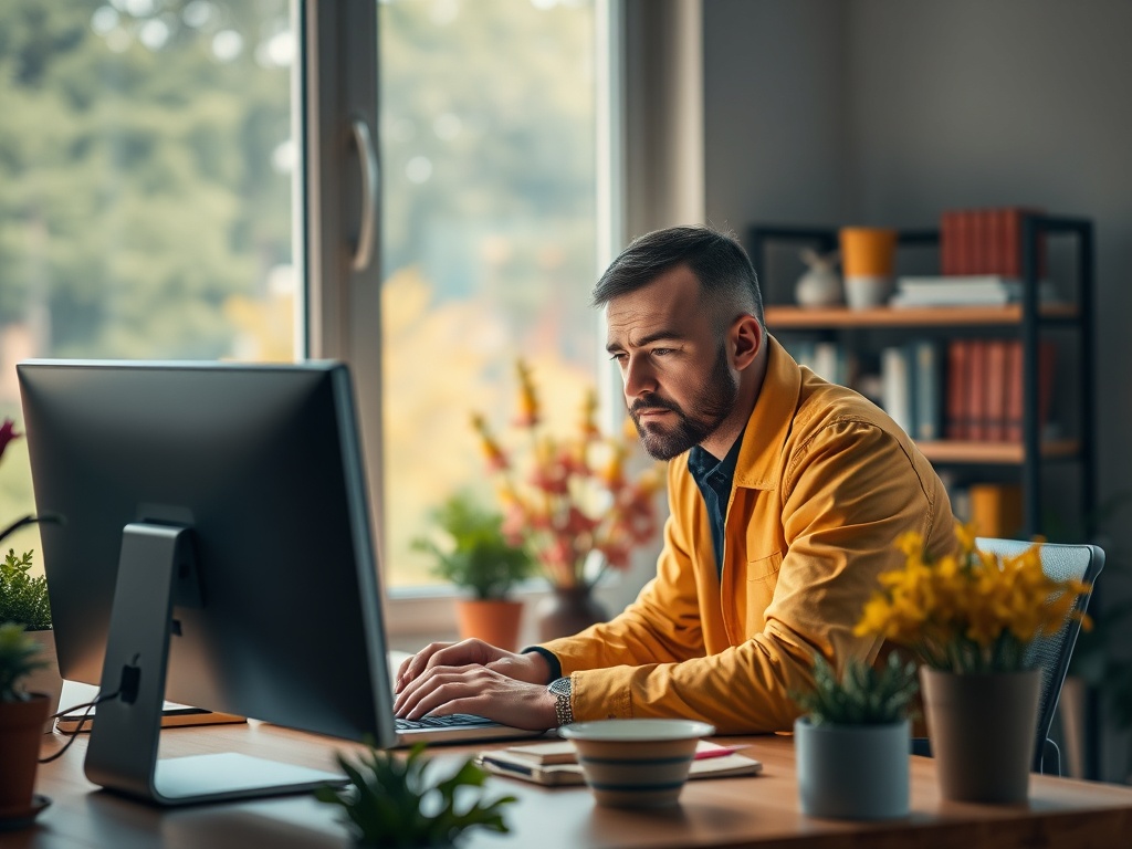 Мужчина в желтой куртке работает за компьютером в уютном офисе с растениями и книжными полками.