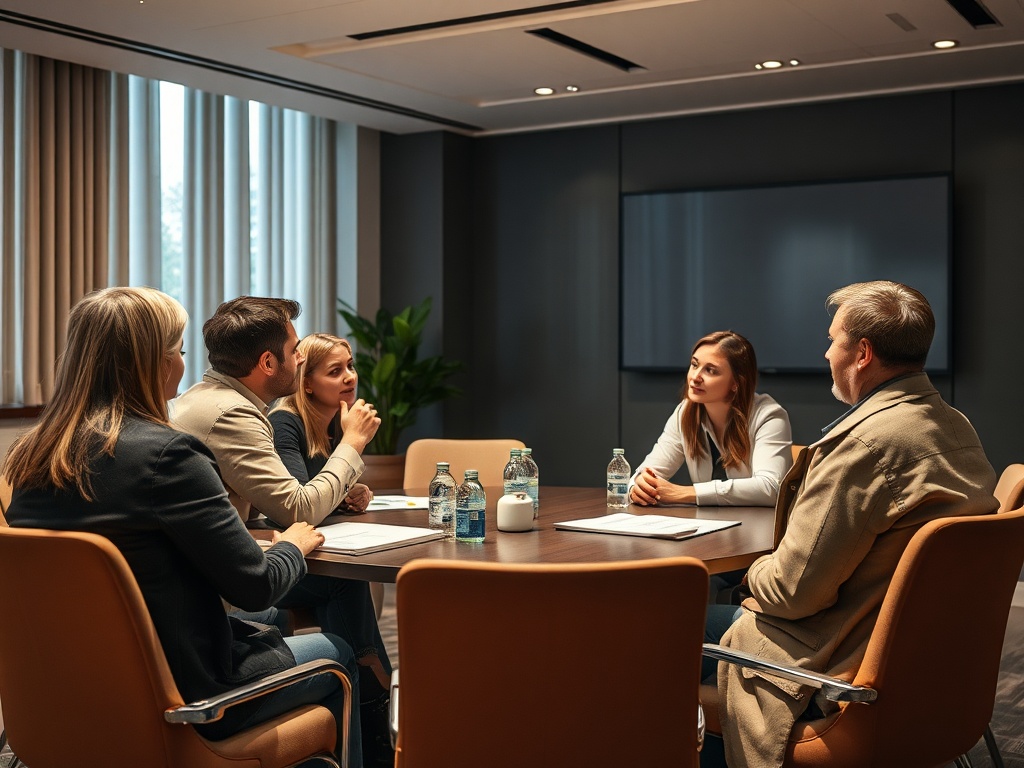 Шестеро людей в офисе обсуждают идеи на встрече за столом, у них напитки и документы.