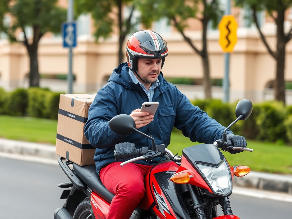 Мужчина на мотоцикле с коробкой, использует телефон во время езды по городскому пейзажу.