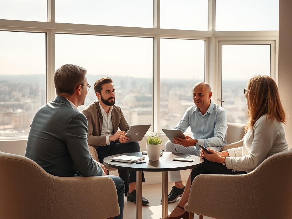 Четыре человека обсуждают идеи в офисе с панорамными окнами, используя ноутбуки и планшеты.