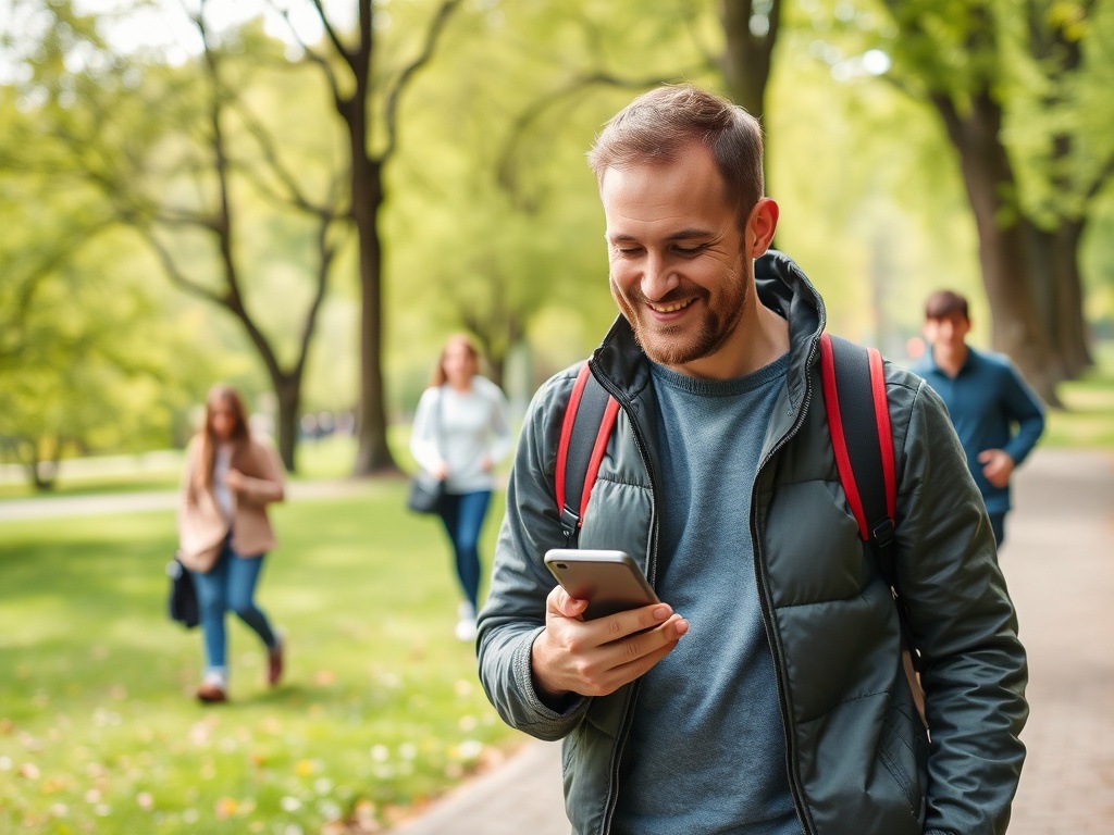 Молодой человек улыбается, глядя на телефон, в парке с деревьями и прохожими на фоне.