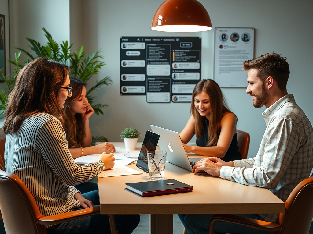 Четыре человека обсуждают идеи за столом, два используют ноутбуки, на стене постеры и растение.