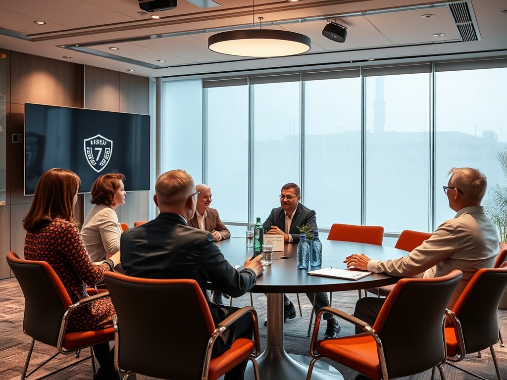 Группа людей обсуждает на встрече в современном офисе за круглым столом, в фоновом режиме – экран.