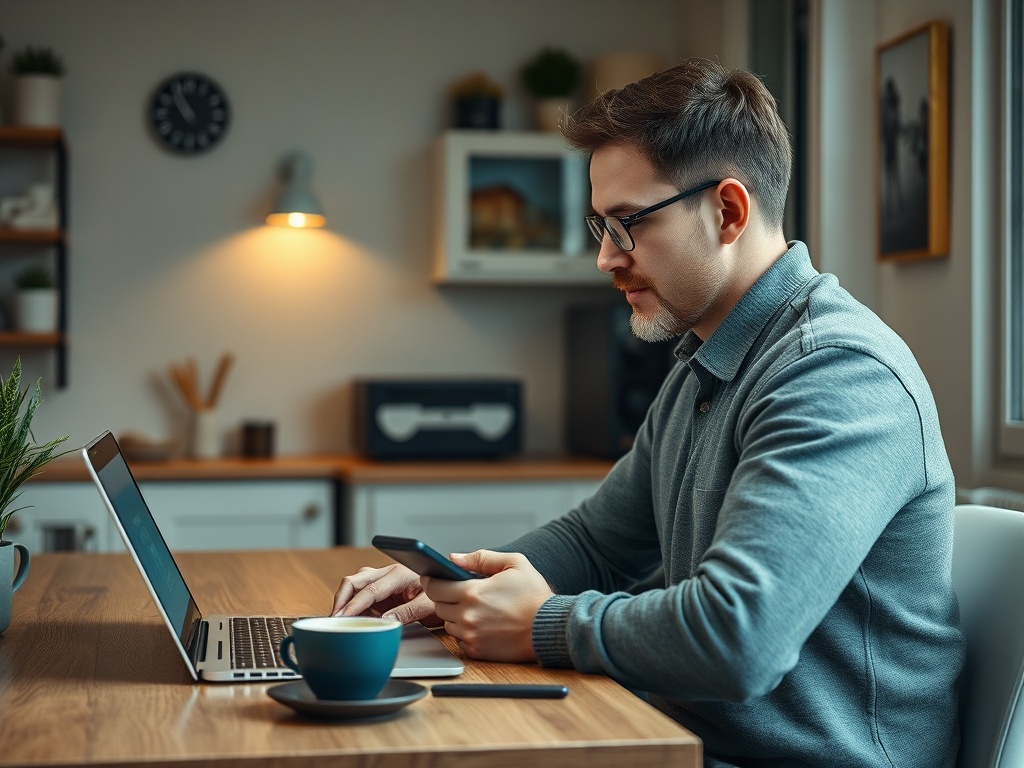 Мужчина в свитере сидит за столом, используя ноутбук и смартфон, рядом чашка кофе. 