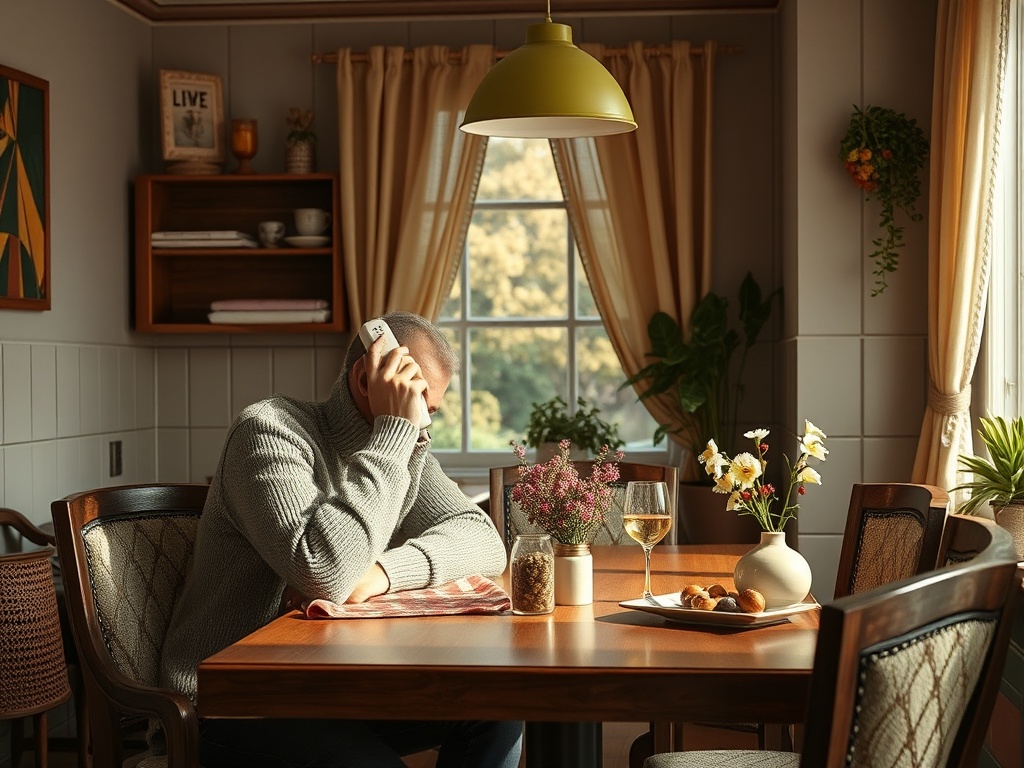 Человек в свитере говорит по телефону за столом в уютной кухне, на столе цветы и бокал вина.