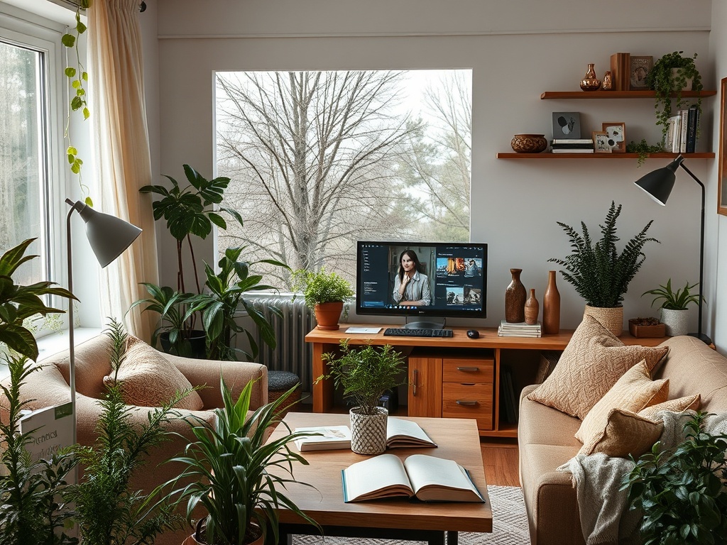 Современная гостиная с растениями, компьютером и большим окном, открывающим вид на природу.