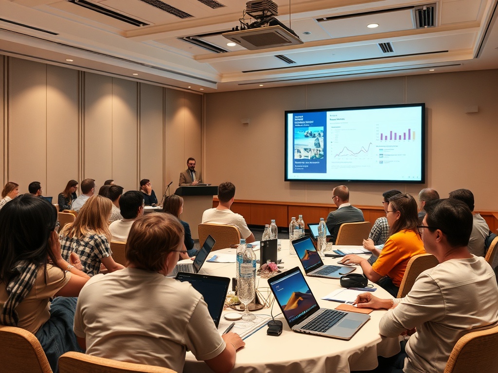 Группа людей на деловой встрече, выступающий за столом с презентацией на экране. Лаптопы на столах.