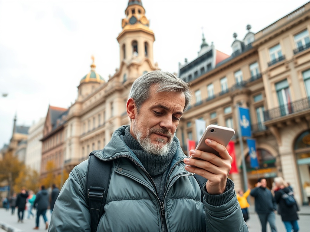 Мужчина с седыми волосами смотрит на телефон на фоне городской архитектуры. Осень, много людей вокруг.