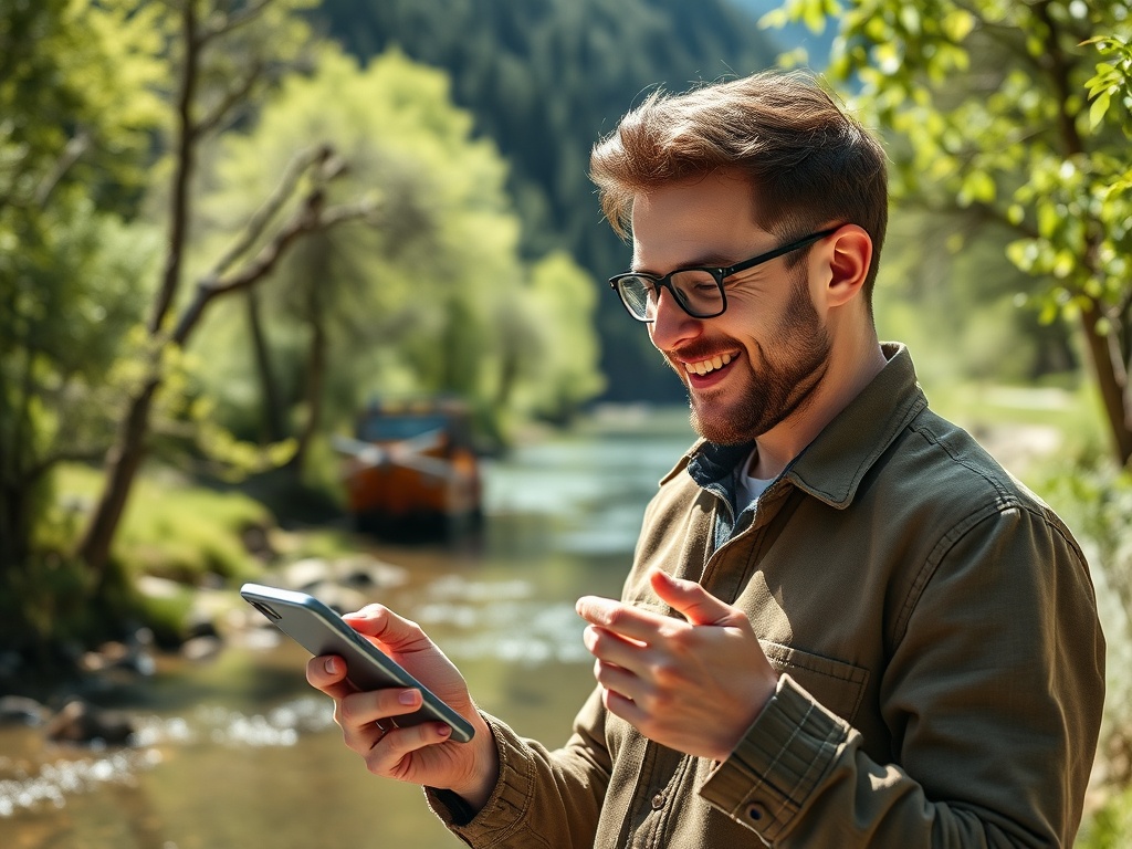 Молодой человек с телефоном на фоне природы улыбается, наслаждаясь моментом вдали от городской суеты.