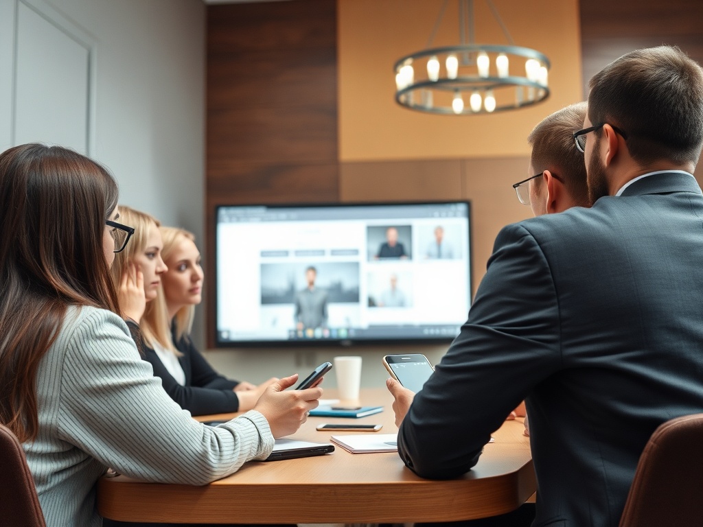 Группа людей на деловой встрече, обсуждающих материалы на экране и используя мобильные устройства.