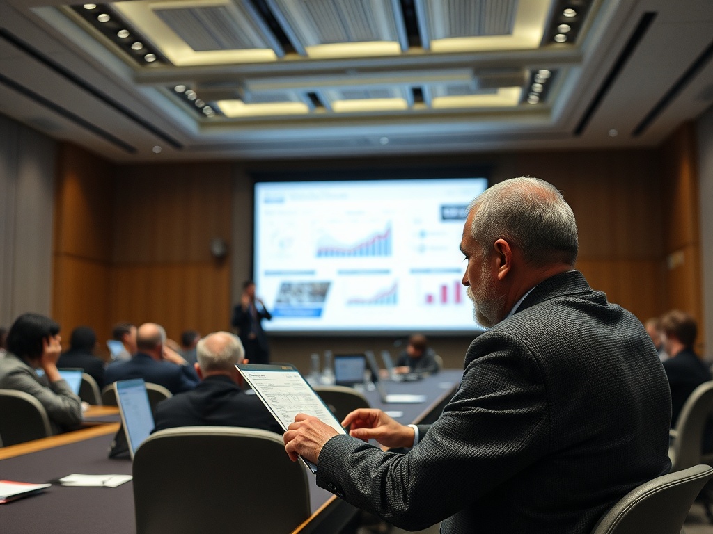 На заседании в конференц-зале участники слушают доклад и изучают презентацию с графиками.
