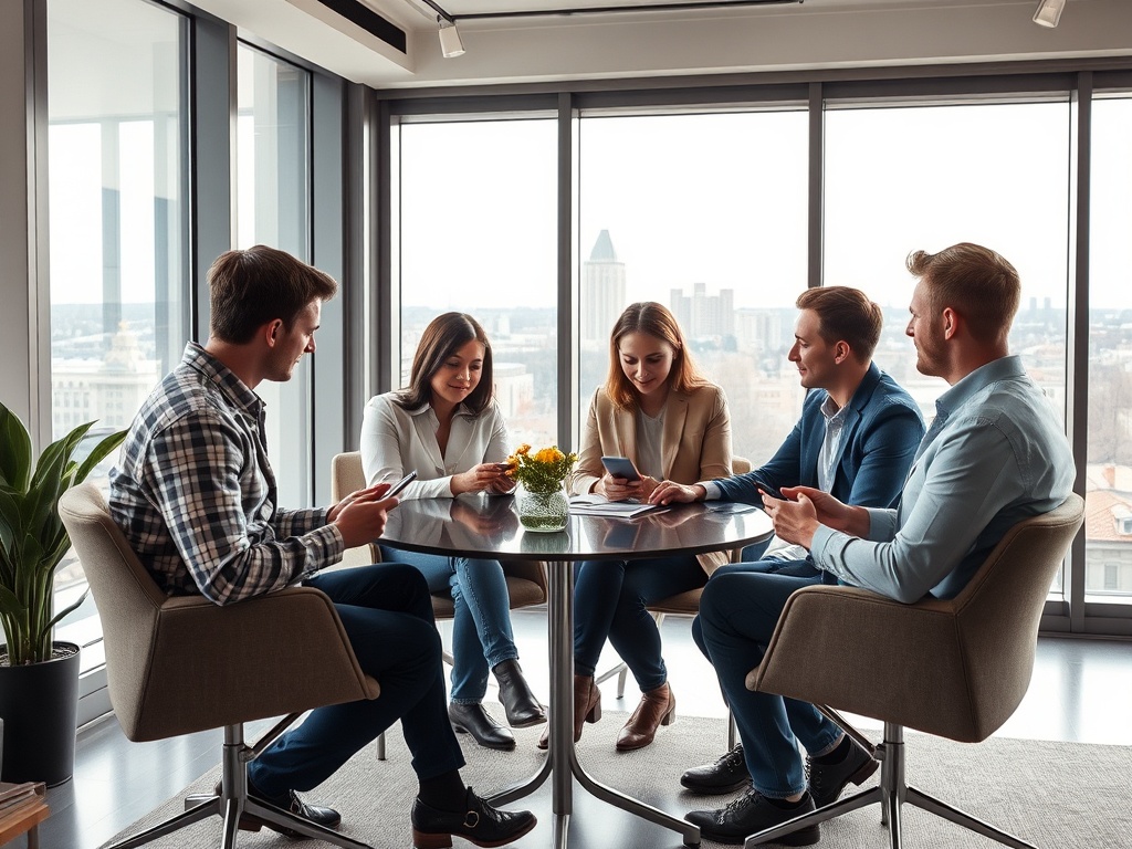 Группа молодых людей обсуждает идеи за круглым столом с окнами, выходящими на город.