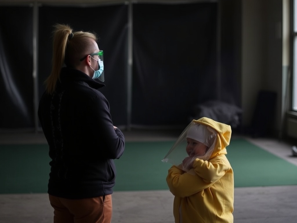 Женщина в маске стоит спиной, а рядом с ней ребенок в желтом комбинезоне с капюшоном. Помещение полутемное.