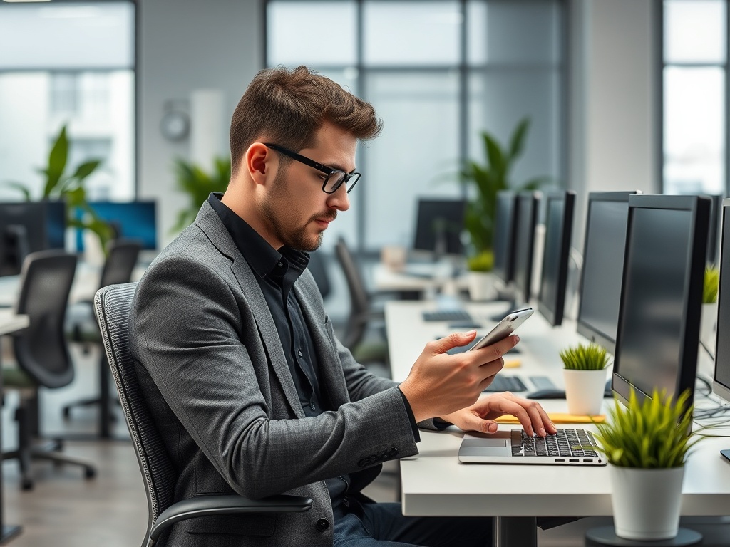 Молодой человек в деловом костюме работает за столом, держа в руке смартфон в современном офисе.