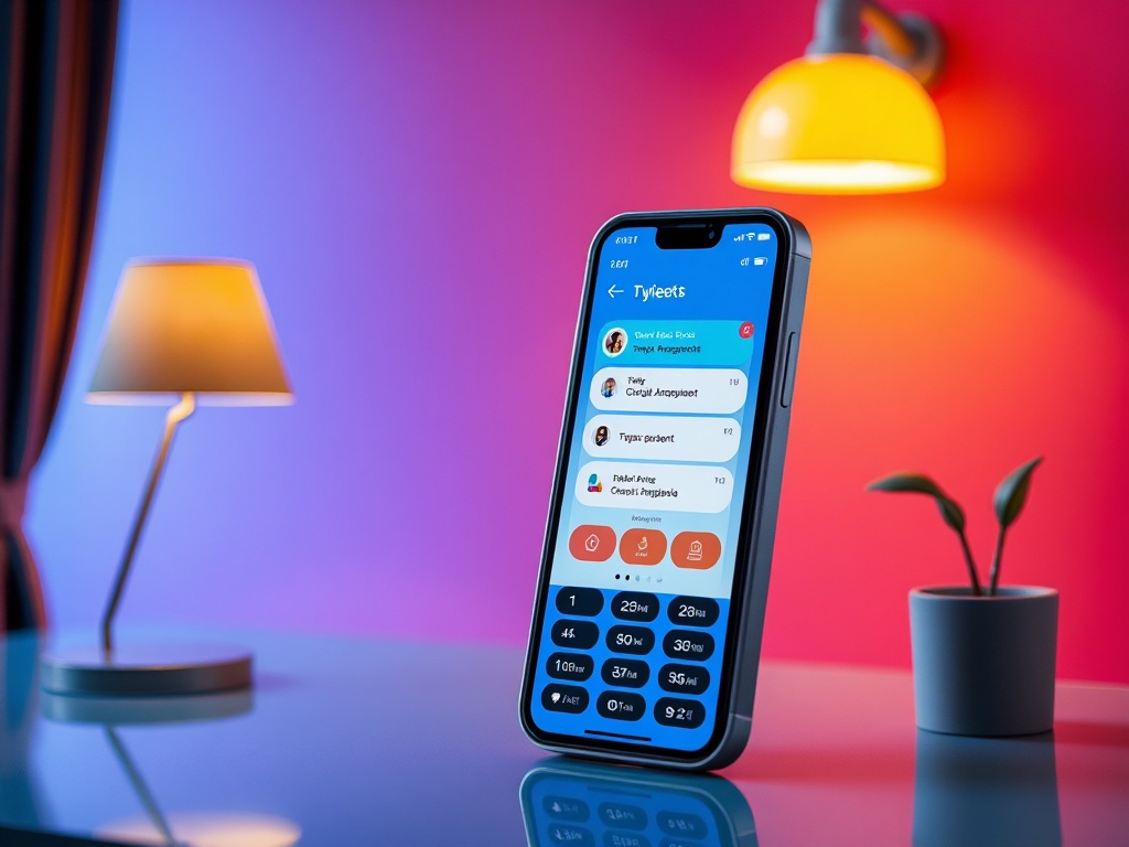 На изображении смартфон с ярким экраном и интерфейсом приложения на фоне уютного освещения.