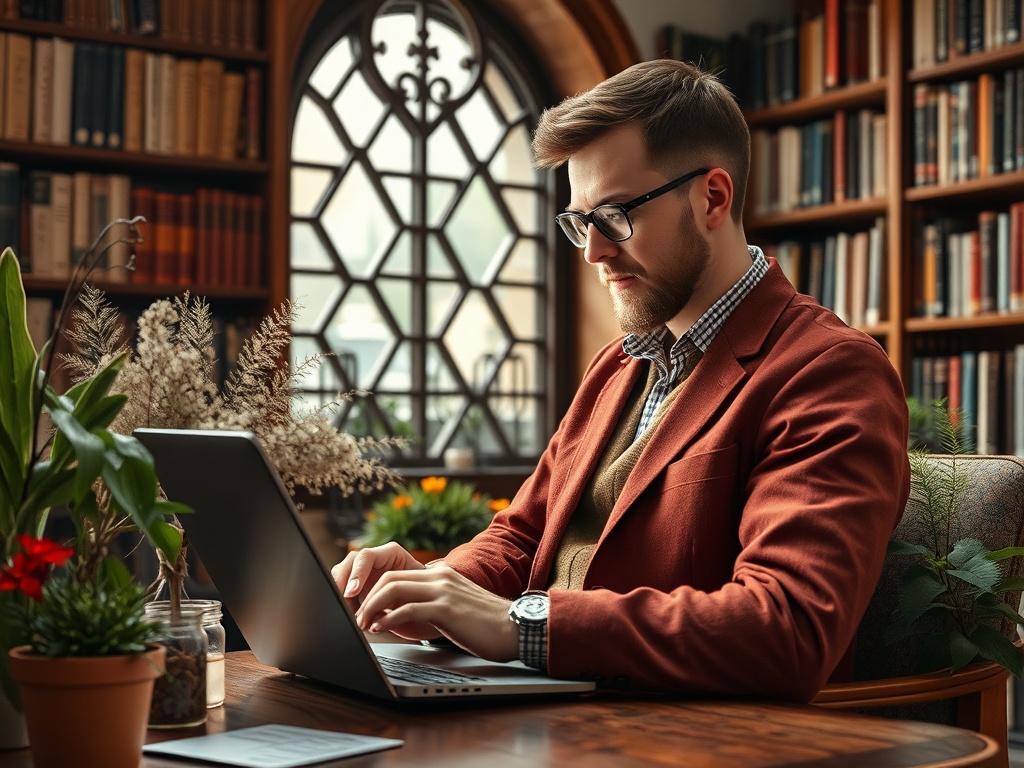 Молодой человек в очках работает за ноутбуком в уютной библиотеке среди книг и растений.