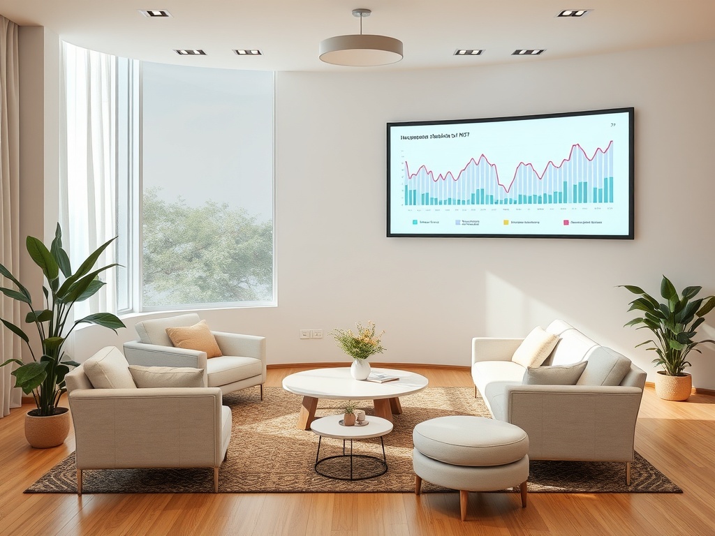 Современный интерьер с креслами, столом и графиком на стене. Светло и уютно, растения добавляют зелени.