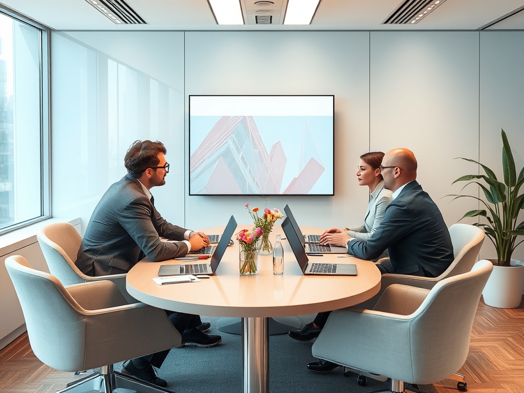 На встрече в офисе трое людей работают за ноутбуками, обсуждая проект в современном кабинете.