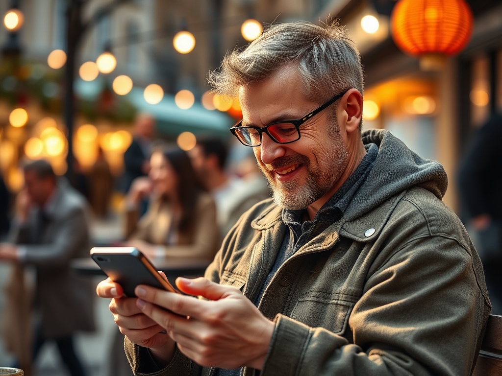 Улыбающийся мужчина в очках сидит в кафе, смотрит на свой телефон на фоне вечерних огней.