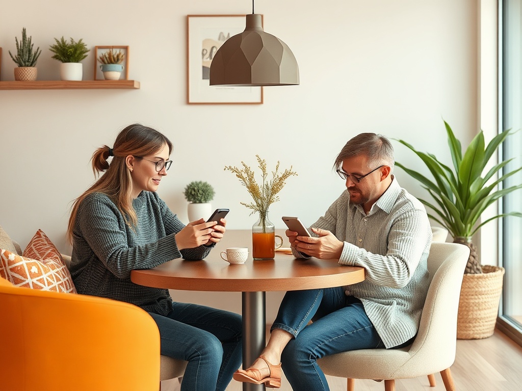 Два человека сидят за столом, смотрят на телефоны в уютной обстановке с растениями и светильником.