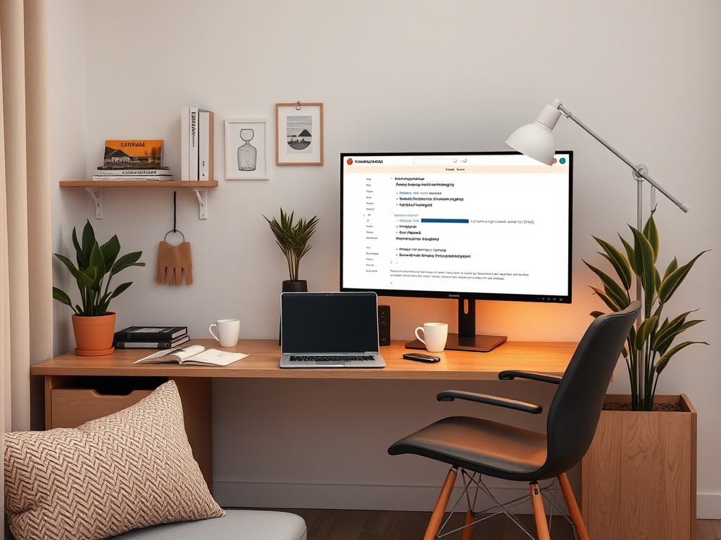 Современный офис с компьютером, растениями, книгами и уютной мебелью. Удобное место для работы.
