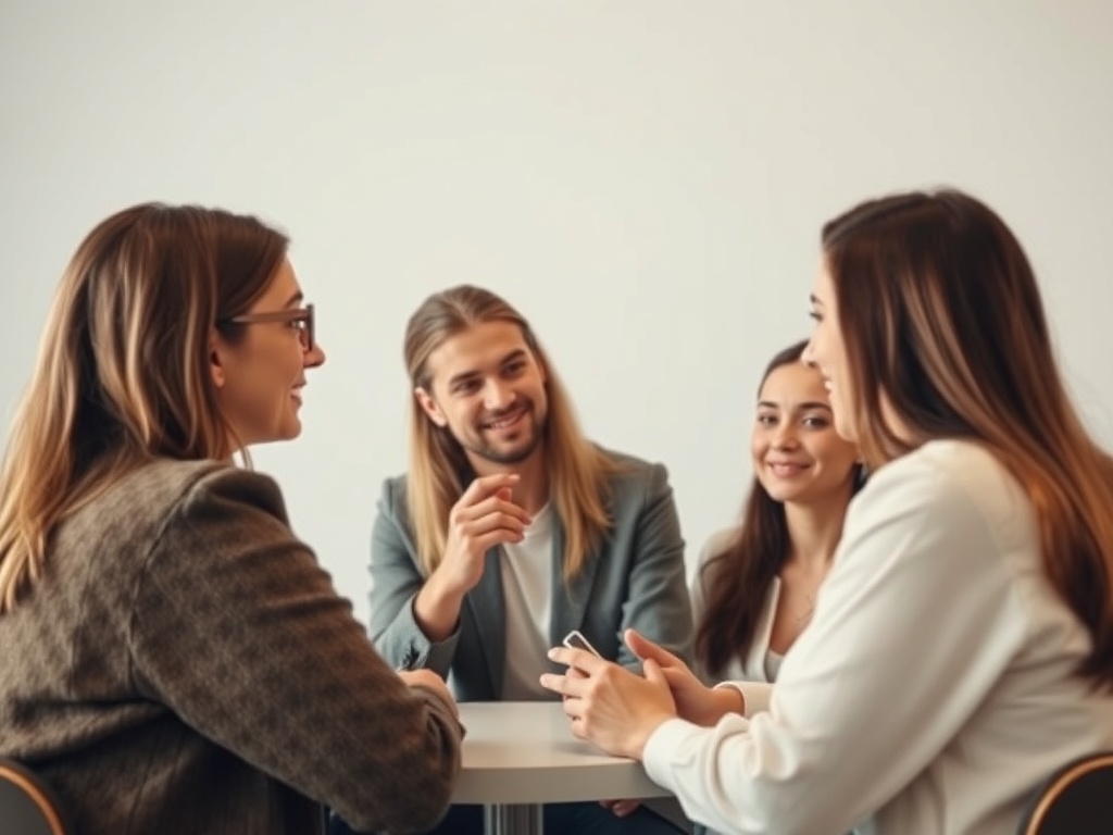 Четыре человека обсуждают что-то за круглым столом, выглядят дружелюбно и сосредоточенно.