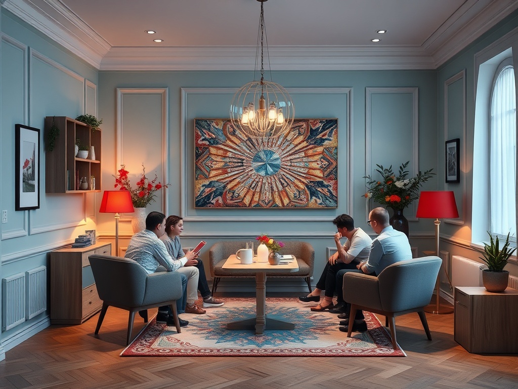 Современный интерьер: четверо людей сидят в уютной комнате с яркими акцентами и декоративными элементами.