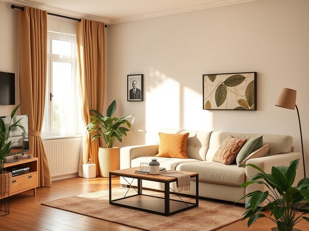 Светлая гостиная с уютным диваном, растениями и картинами на стенах, мягкий свет из окна.