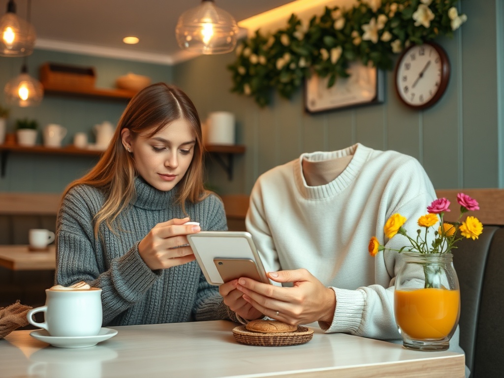 Девушка с телефоном сидит за столом в кафе рядом с мужчиной без головы и цветами. На столе чашка кофе.