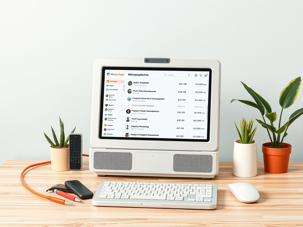 На столе стоит компьютер с экранами, клавиатурой, мышью и растениями в горшках.