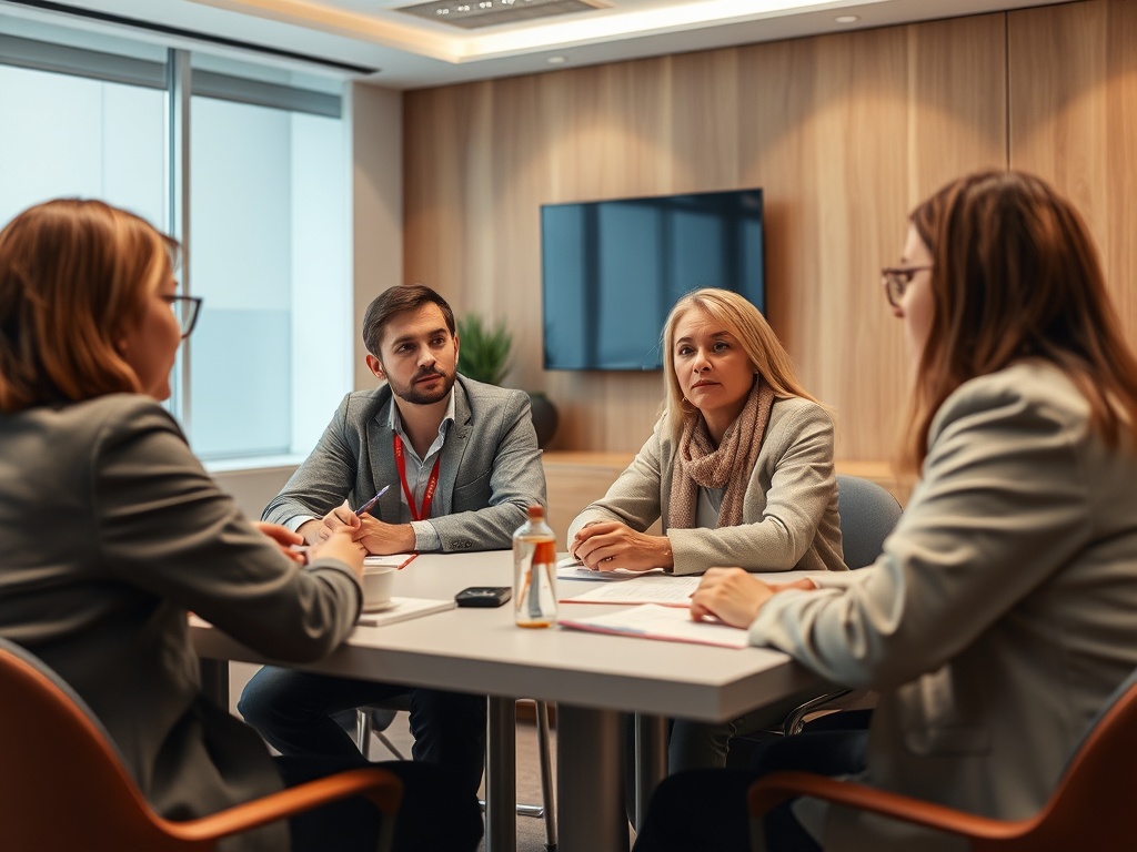 Четыре человека в офисе на встрече, обсуждают вопросы за круглым столом. Атмосфера деловая и сосредоточенная.