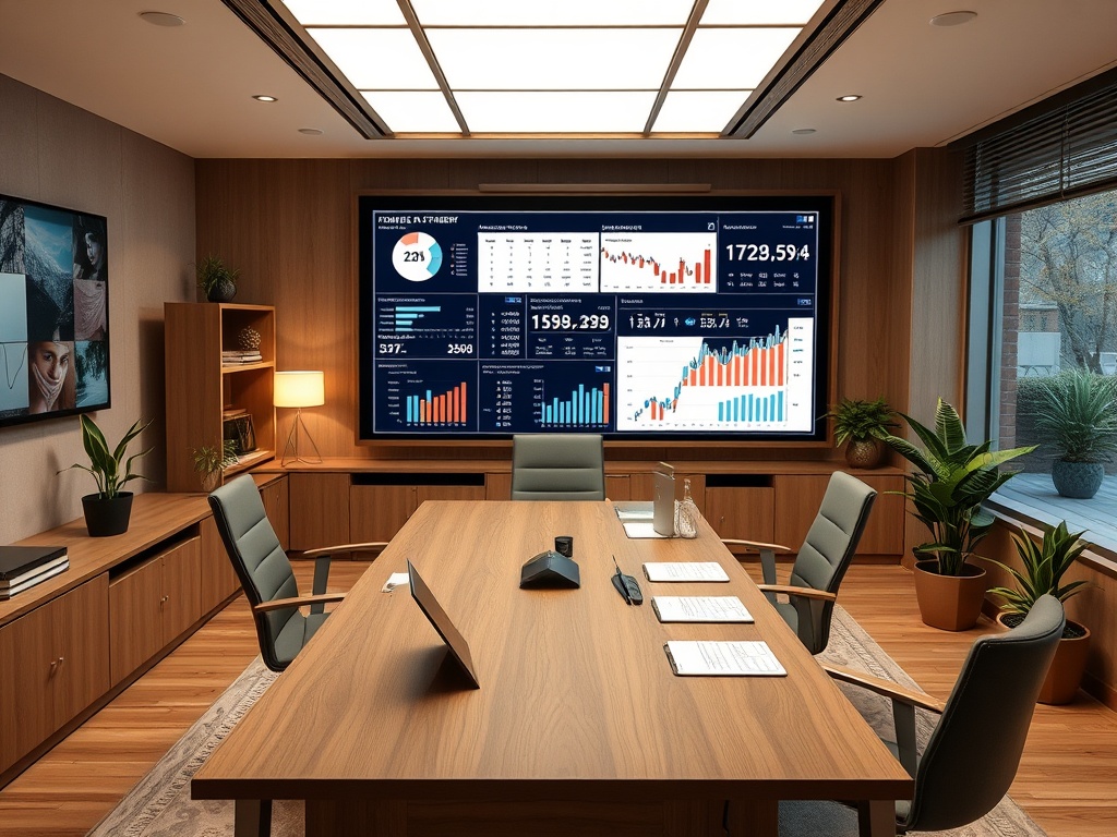 Современный офис с большим экраном, графиками и столом для встреч. Растения добавляют уют.