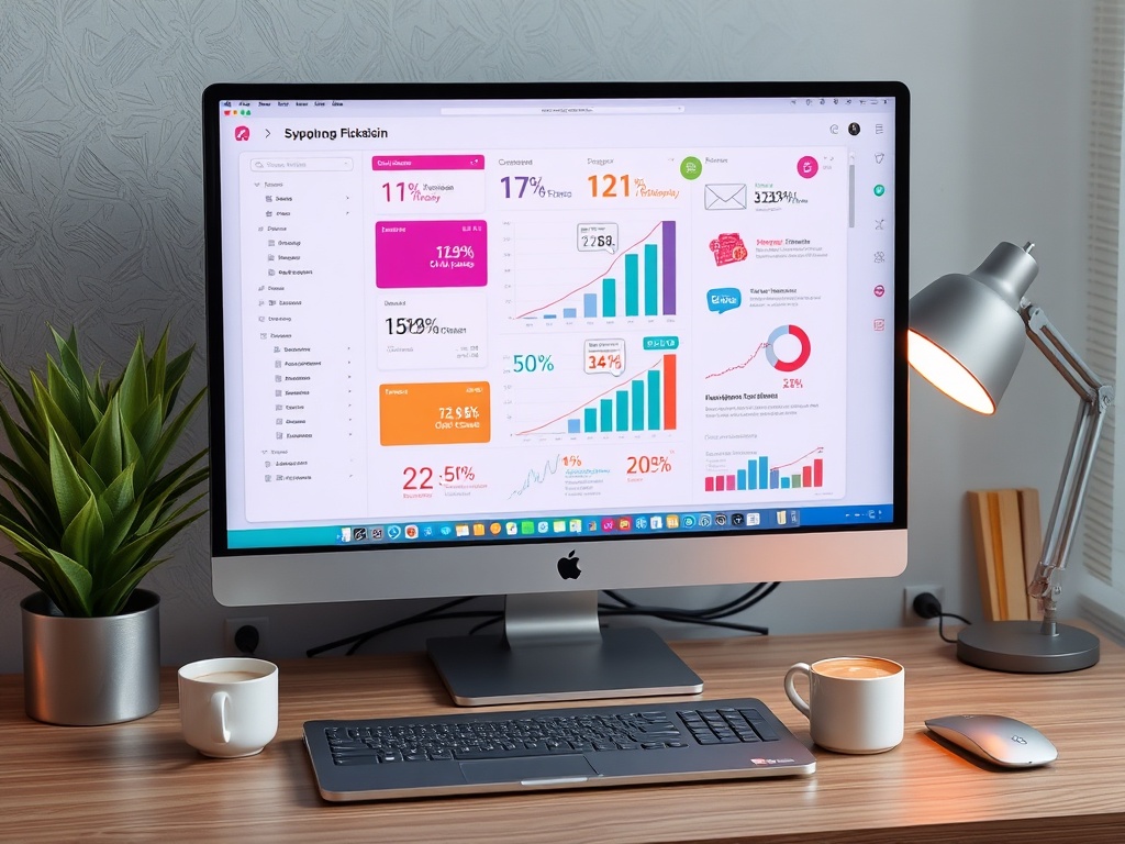 На изображении компьютер с графиками и таблицами, офисные принадлежности и растения на столе.