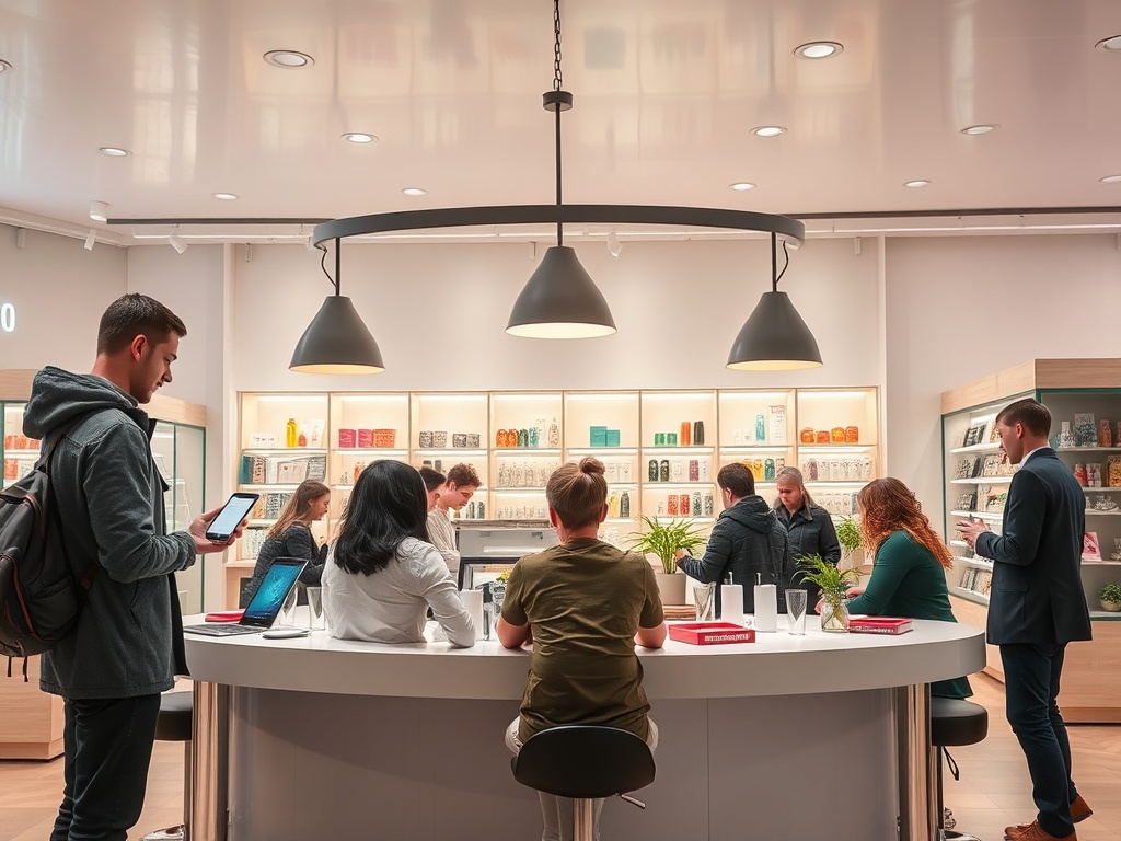 Современный магазин с несколькими клиентами и работниками, обсуждающими товары у круглого стола.